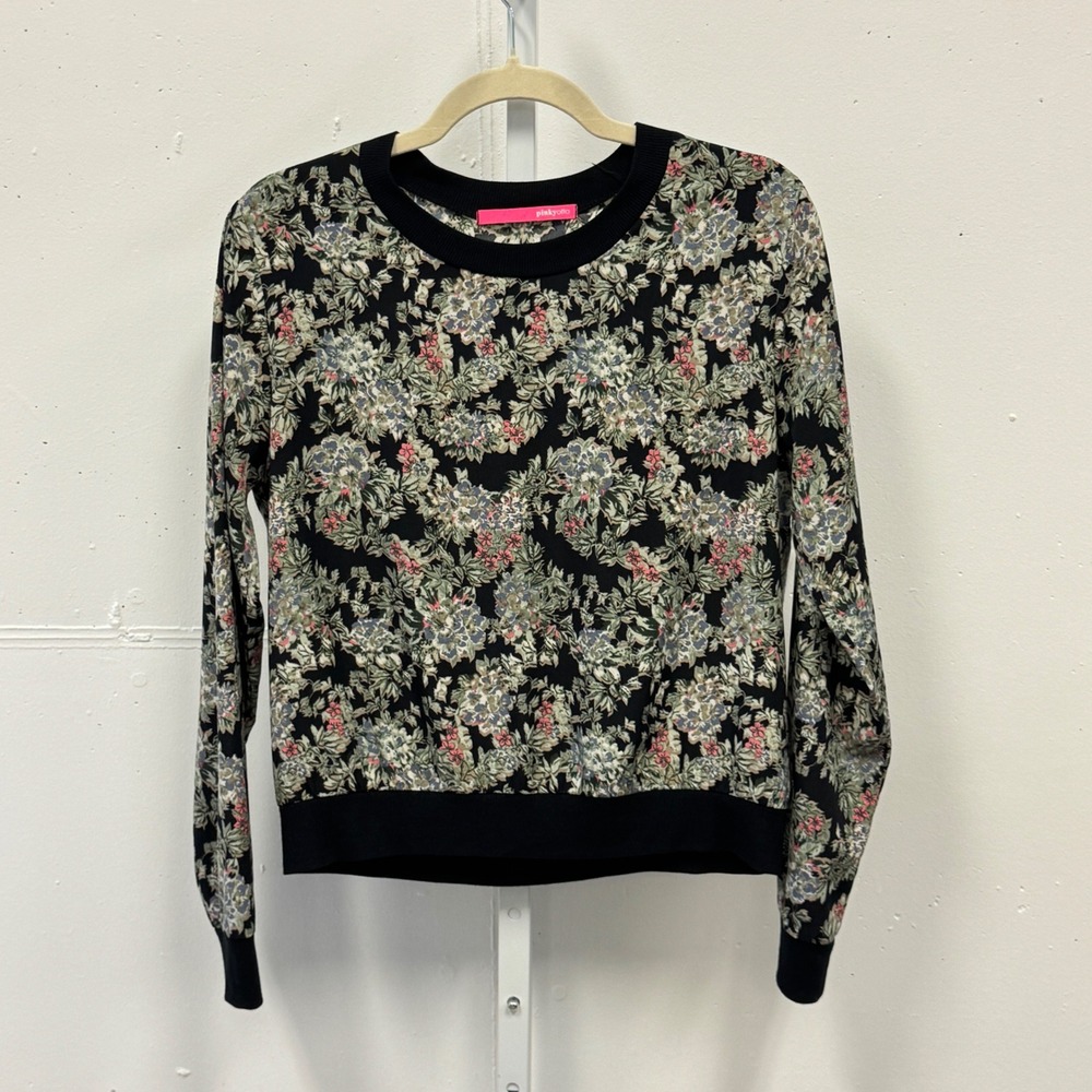 Pink Yotto Floral Crewneck Long Sleeve Top Black Multi Botanical Print Small